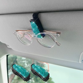 Tecledsn 2 PCS Bling Sunglasses Holder for Car Sun Visor, Crystal Rhinestones Eyeglasses Hanger Mount with Ticket Card Clip, Universal Fashion Visor Decor Accessories for Women Girls (Lake Blue)