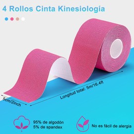 4 Rollos Cinta Kinesiología, 5cm*5m Vendaje Neuromuscular Cinta Respirable Deportiva con Cortador, Kinesiología Tape Profesional Resistente al Agua, Proporciona Apoyo de Músculos Articulaciones, sin Látex