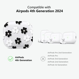 Aircawin for Airpods 4 Case Clear,Cute Floral Design for Airpod 4 Cover,Shockproof Soft TPU Accessories with Flower Keychain&Cleaning Pen for AirPods 4th Generation Case for Women Girl-Black