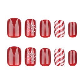 Christmas Red Press on Nails Short Square Fake Nails Winter Xmas Press on Nails with Snowflake Design Glossy Glue on Nails Full Cover Christmas Acrylic Stick on Nails for Women Manicure 24 Pcs
