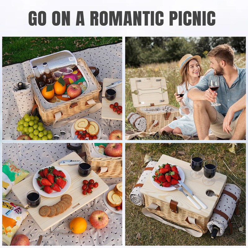 HappyPicnic Picnic Basket for 2, Handmade Wicker Picnic Set with