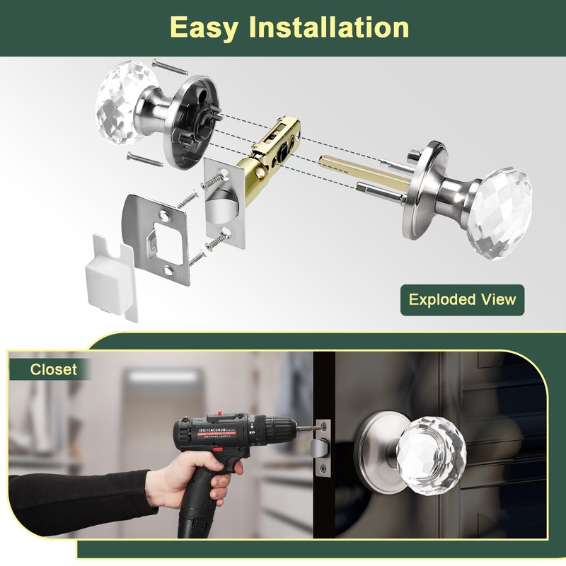 Lepushom 3 Pack Crystal Door Knobs Interior, Elegant Satin Nickel