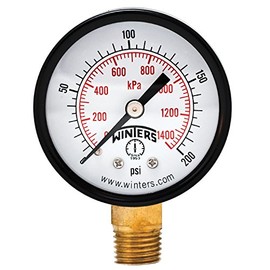 Winters 2 inch Dial Size, Multi Function Economy Utility Dry Pressure Gauge, Brass Internals, Black Steel Case, Dual Scale 0-200 psi/kPa, 3-2-3% Accuracy, 1/4 inch NPT Bottom Mount, Pressure Gauge