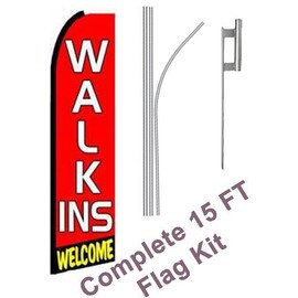 NEOPlex -"Walk Ins Welcome (Extra Wide)" Complete Flag Kit - Includes 12' Swooper Feather Business Flag with 15-Foot Anodized Aluminum Flagpole and Ground Spike