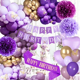 Purple Birthday Decorations, Birthday Decorations for Women,Purple Violet Lavender Birthday Party Decorations,Purple and Gold Balloons,Purple Happy Birthday Banner for Women Girls Butterfly Birthday