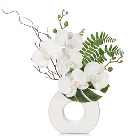 Briful Orchid Artificial Flowers 16.1'' White Orchid Silk Flowers with Ceramic Vase Faux Orchid Arrangement for Home Office Table Centerpiece Indoor Decoration