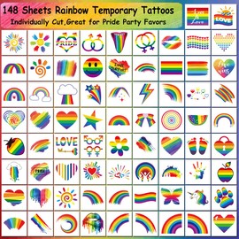 CHARLENT Temporary Rainbow Tattoo, 148 Individual Sheets - Pride Tattoos, Heart, Lips, Love, Rainbow Tattoo for Pride Festivals