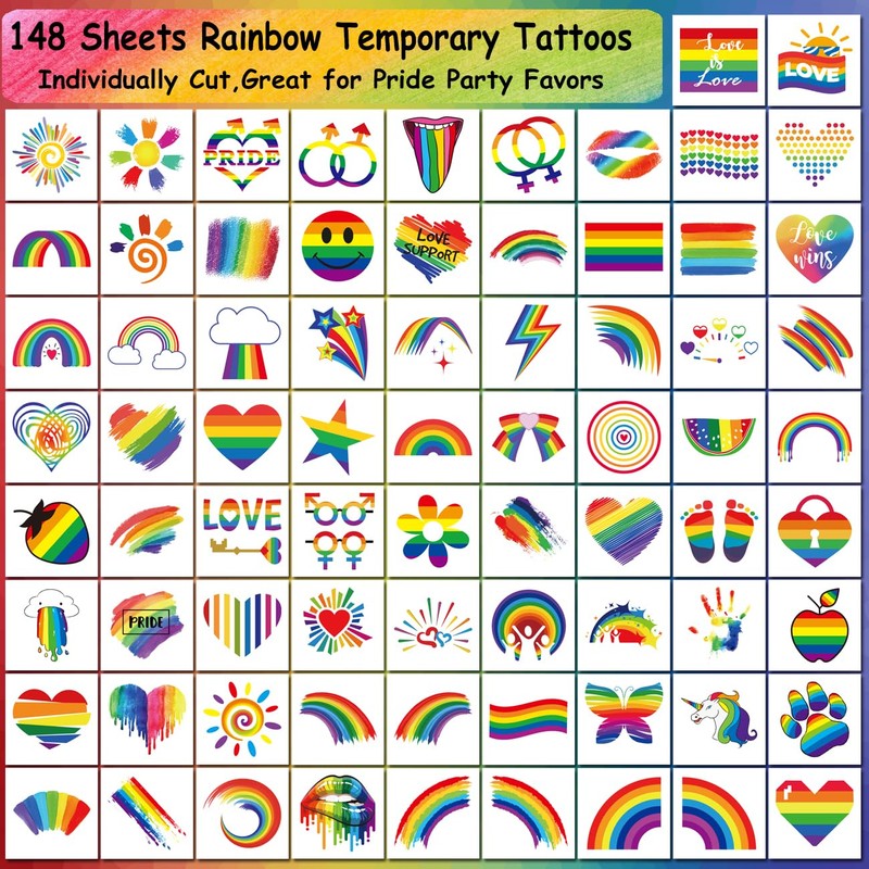 CHARLENT Temporary Rainbow Tattoo, 148 Individual Sheets - Pride Tattoos,