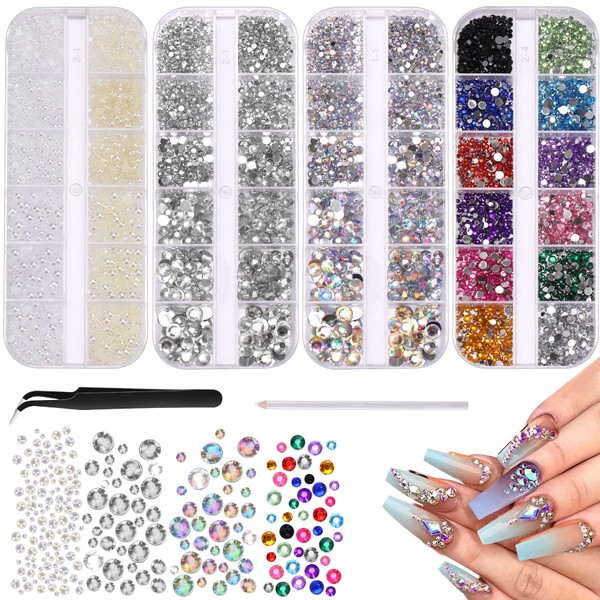 5500PCS Rhinestones , Nail Jewels White Beige Half Round Pearls+Color+AB Transparent Crystal Nail Gems Flatback Rhinestone with Picker Pencil Tweezers for Nails Crafts Makeup Face Art DIY Decoration