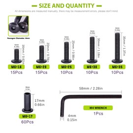 Keadic 121 Pieces M6 Black Socket Cap Bolts Barrel Nuts Kit 16/20/25/30/35mm,Binding Screws Posts for Baby Bed Furniture/Scrapbook Photo Albums Binding/Leather Saddles Purses Belt Repair