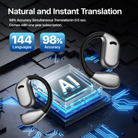 AI Translation Earbuds: OWS 3-in-1 Translator Earphones 144 Languages & Accents & 8 Offline Translation Packs HD Sound Quality Long Battery Life, Ideal for Travel & Business, Black