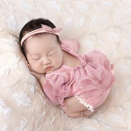 Newborn Photography Outfits Girl, Baby Girl Photo Props, Newborn Photoshoot Ruffles Outfits with Headband (Dark Rose)