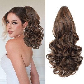 Wirctp Ponytail Extension,16" Claw Clip in Ponytail Extensions Long Curly Ponytail Hairpiece for Women Fluffy Natural Synthetic Pony Tails for Daily Use(Chocolate Brown with Highlights)