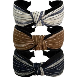 Jseng 3PC Boho Braid Headband Cloth Cross Knot Elastic Hair Hoop Striped Linen Wide Hairband for Women