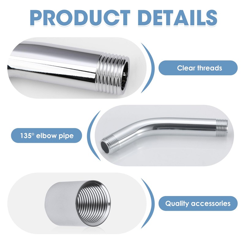 Shower Head Extension Arm, G1/2" 20cm Curved Forward Stainless Steel