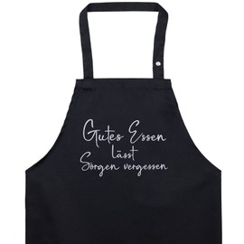 EXPRESS-STICKEREI Moderne Schürze für Frauen verstellbar mit Tasche - Kochschürze mit Spruch: Gutes Essen lässt Sorgen vergessen - bestickte Küchen-Schürze - Hobby-Koch Geschenk für Oma/Mama