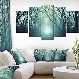 Designart Fall Forest Path with Green Light-Landscape Photo Canvas Print-60x32 5 Piece, 60x32-5 Panels Diamond Shape, Blue