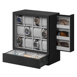 SONGMICS 12-Slot Watch Box, Watch Display Case with Window, Solid Wood Veneer, Velvet Lining, Vertical Storage, Space Saving, Gift Idea, Ebony Black UJOW014B01