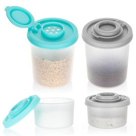 Salt and Pepper Shakers Set, 4 Pcs Mini Plastic Spice Shakers with Moisture Proof Lids, Perfect for Camping Picnic Travel Lunch Boxes Kitchen Clear with Grey and Mint Lids, Small & Medium Sizes
