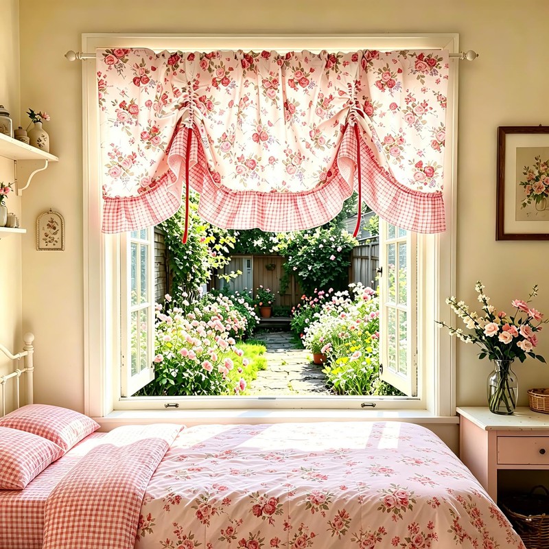 Country Rose Floral Valance Curtain Tie Up Gingham Ruffled Swag