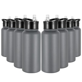 VQRRCKI 32 oz Insulated Water Bottle Bulk 8 Pack, Stainless Steel Sports Water Bottles with Straw Lid & Wide Mouth Lids, Double Walled Vacuum, Leak Proof, Gray