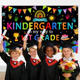 Mocsicka Kindergarten Graduation Backdrop Banner, Goodbye Kindergarten On My Way to 1st Grade, Class of 2026 Kindergarten Graduation Party Decoration, 70.8x43.3 Inch Black Kindergarten Grad Backdrop