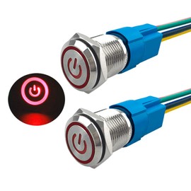 Aiqeer 2 Pcs 16 mm Self-locking Latching Push Button Switch, 12V / 24V 5A Car Ignition Starter Switch, IP67 Waterproof Stainless Steel Push Button Switch, with Pre-Wired Socket (Red LED)