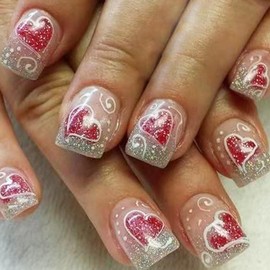 Glitter Heart Press on Nails Short Square Fake Nails French Silver Sparkly Red Heart Design Valentine's Day Romantic Holiday Nail Decor French Tip False Nails Cute Stick on Nails for Women Girls 24Pcs