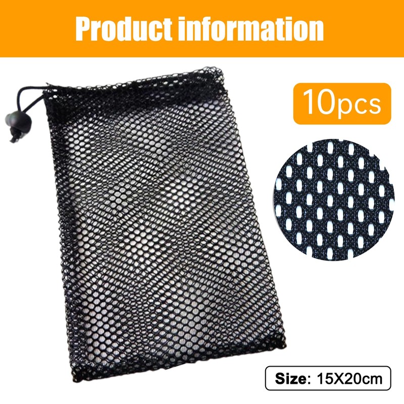 10PCS Compact Black Nylon Mesh Pouches with Drawstrings – 15x20cm
