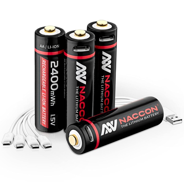 USB AA Rechargeable Batteries,1.5V Lithium Rechargeable Batteries 1600mAh AA Battery, 2H Fast Charge,1200 Cycles with 4-in-1 Micro USB Cable,4 Pack