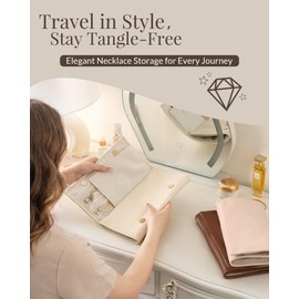 Lolalet Travel Necklace Organiser, Tangle-Free Necklace Case for Travel, Leather Foldable Roll Up Jewellery Storage Bag for Necklaces Chains Bracelets -Cream White, 12 Slots Holder