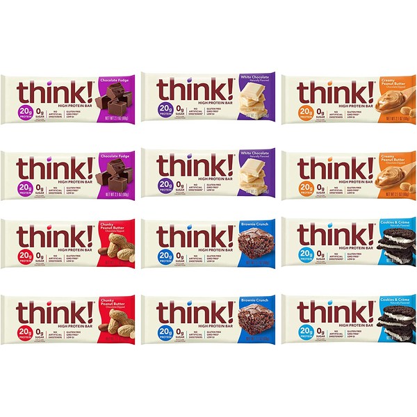 thinkThin High Protein Bars - Variety Sampler Pack, 6 Flavors, 20g Protein, 0g Sugar, No Artificial Sweeteners, Gluten Free, GMO Free, 2.1 oz bar (12 Count)