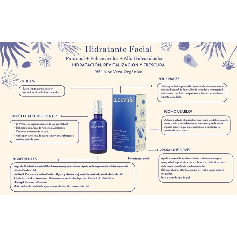 Aloevida Hidratante Facial 98% Aloe vera orgánico 50 mL