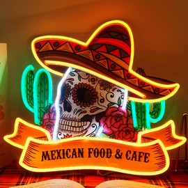 ORANTNEON Mexican Food & Cafe Neon Sign for Restaurant Store, LED Sign for Mexican Business, Mexico Skull Neon Sign with USB Powered for Mexican restaurant decor