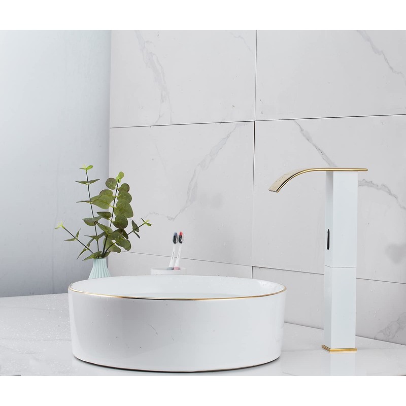 Touchless Bathroom Vessel Faucet Electronic Sensor Automatic Waterfall White Gold