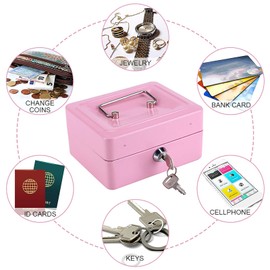 MOUMOUTEN Mini Home Safe Box, 1Pc Portable Steel Petty Lockable Cash Money Coin Safe Key Lock Type Security Box Household Storage Box with 2 Keys for Storing Cash Jewellery(Pink)