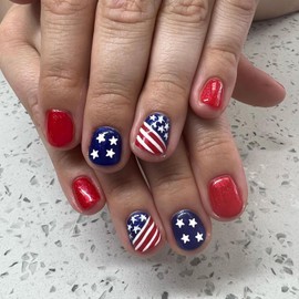 Independence Day Press on Nails Short Square Full Cover Glossy Acrylic Patriotic False Nails with USA Flag Star Designs Artificial Short Coffin July 4th Fake Nails Glue Stick on Fingernails for Women