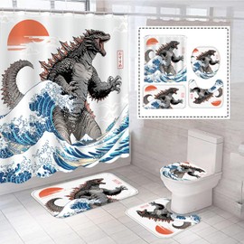Wegklazax 4 PCS Japanese Anime Shower Curtain Sets Monster Bathroom Set Ocean Wave Shower Curtain Sets Bathroom Shower Curtain Decor Bathroom Decor with 12 Hooks (White, 72"x72")