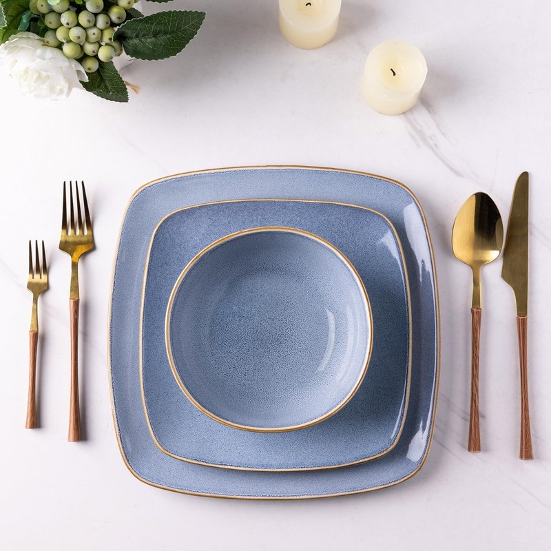 AmorArc Ceramic Dinnerware Sets for 4, 12 Pieces Square Handpainted