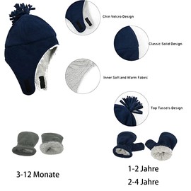 Durio Baby Hat and Gloves Set Boys Winter Hat and Mittens Warm Lined Fleece Hat Caps Ear Flap Toddler Children Girls, navy