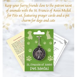 St Francis Medal for Pets - St Francis Tag for Dogs and Cats with St Francis Of Assisi Prayer Card, Lords Prayer Card | Patron Saint Of Animals St Francis Pet Charm, Holy Cards Set of 3 Items