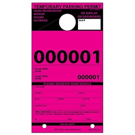 100 Tags. Temporary Parking Permit Hang Tags for Car Rear View Mirror. Valet Pass. Large Consecutive Numbers. Black on Fluorescent Pink Durable Cardstock with Perforation Tear Off Stub. 7.75"X4.25"