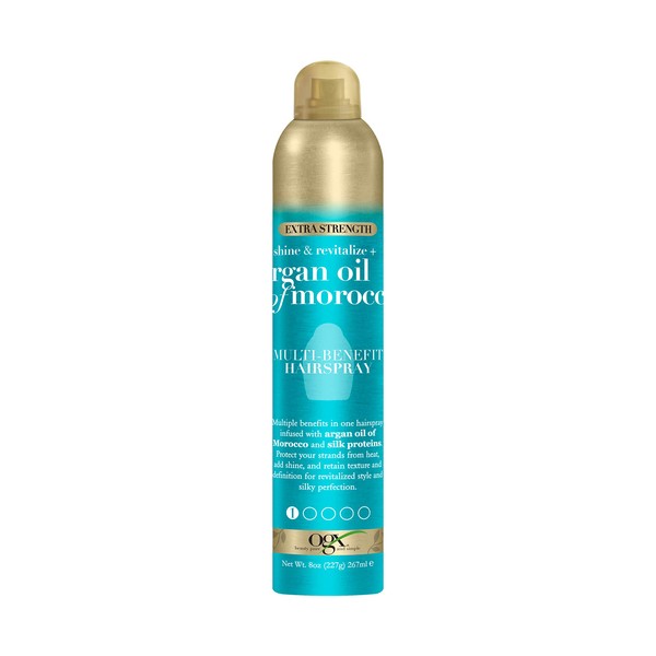 OGX Revitalize + Argan Shine Extra Strength Multi-Benefit Heat Protection Hairspray with Argan Oil & Silk Proteins, Tame Frizz & Non-Greasy Shine, Morocco, 8 Ounce
