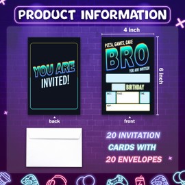 FQPJA Neon Glow Invitations, Bro You Are Invited Boys Birthday Party Invites, 20 Pack Fill-In Party Invites With Envelopes, Neon Theme Birthday Party Decoration Supplies Favors For Kids Adults -C01