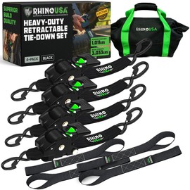 Rhino USA Retractable Ratchet Straps (4-Pack) - 2 Inch x 10 Feet (3,033lb Break Strength) - Heavy Duty Auto Self Retracting Tie Down Straps for Truck, Cargo Trailer, Motorcycle, Rad & More - Black