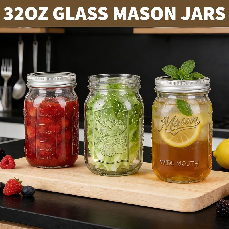 32oz Glass Mason Jars Wide Mouth 12-Pack with Airtight Lids