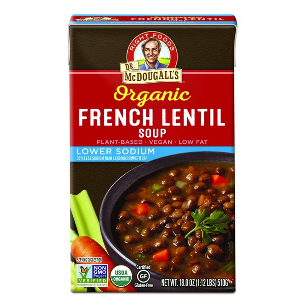 Dr. Mcdougall's Right Foods Soup, French Lentil, Lower Sodium, 17.6 Ounce (Pack of 6)