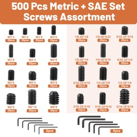 500 Pcs 25 Size Set Screws Metric&SAE Set Screw Assortment Kit 12.9 Alloy Steel Head Socket Metric Set Screws for Bathroom Fixtures Door Handles(M3-M8, 1/8"-40 to 5/16"-18)