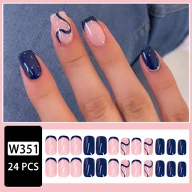 Simplicity Dark Blue Press On Nails - Short, Glossy False Nails with Shiny Curve Designs, French Tip, Reusable Acrylic Nails for Women & Girls