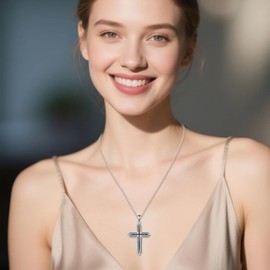 YAFEINI Turquoise Cross Necklace S925 Sterling Silver Wood Pendant Religious Jewelry Gifts for Women Men